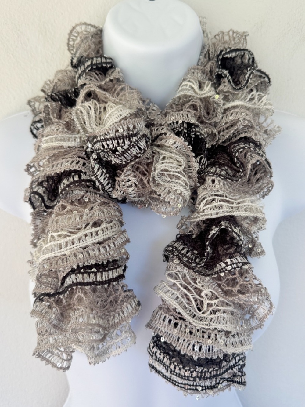 Handmade silver gray sequin sparkle embroidered crochet knit scarf OS